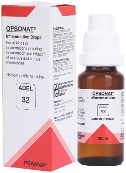 ADEL 32 - Inflammation DropsAs a rule, acute or chronic illnesses  develop from toxins produced  by either clinically-manifested or latent  infections,  including  undiagnosed sinus  and dental  conditions  that cause  no obvious symptoms. These infections  must be eliminated  to restore the body’s mucosa to proper  working order.   Moreover,   treatment   of   these   infection   prevents   organs   from   being   continuously overwhelmed by toxins and helps restore proper functioning  ADEL 32 (OPSONAT) drops promote healing of focal infections in various organs and stimulate, regulate and clean the blood. This medication also enhances the immune system’s ability to eliminate pathogens, including those found in therapy-resistant mycotic infections. Once the terrain is cleared of toxic wastes, ADEL 32 drops stimulate the body’s own systemic regulation, making true healing possible.  In addition, ADEL 32 drops help detoxify the joints and are indicated  for reoccurring chronic ulcerations.  Most therapies with this medication  should also include ADEL 3 (apo-HEPAT) drops and ADEL 66 (TOXEX) drops.    Key Ingredients: Acidum nitricum is effective in treating all infections of the mucous membranes with accompanying bleeding, as well as general weakness, swollen lymph nodes and an impaired nervous system. It also promotes proper regulation of all organs in the body.  Acidum sulfuricum treats mucosal infections accompanied by bleeding throughout the entire body. It also resolves stomach catarrh and related conditions such as acid anomalies, gastric ulcers, a swollen liver, intestinal ulcers and hemorrhoids. Exhaustion, weakness, trembling, migraines, painful rheumatism and skin diseases all indicate that the body is not capable of excreting correctly and requires homeopathic support.  Bellis perennis is another herb that effectively treats conditions of the mucous membranes. It is also excellent for healing wounds, injuries, strains, dislocations, hematoma and tumors developed due to injuries. In addition, it helps heal capillary weakness, furuncles, carbuncles and joint rheum atism.  Glechoma hederacea stimulates the entire metabolism and improves the functioning of excretion pathways. When the body is unable to excrete properly over a long period of time, the organs slowly lose their ability to function properly, leading to cellular damage, liver and spleen disease, faulty blood cell formation and digestive weakness. Glechoma hederacea is an excellent natural medication that prevents these conditions, and is also indicated for burning or bleeding hemorrhoids.  Gratiola officinalis handles portal vein and pelvic area problems combined with constipation. This herb also helps heal stomach and intestinal catarrh, gastritis, gastroenteritis and disruptions in liver function with cramps and colic.  Hydrastis canadensis has proven highly reliable for treating chronic catarrh and works deeply to resolve mucosal infections. It also treats pre-cancerous conditions and the accompanying weight loss and lack of energy.  Lachesis mutus is an excellent all-around medication for treating a wide variety of illnesses including septic blood conditions, hypertonia, thrombophlebitis, embolisms, organic heart disorders, endocarditis, myocarditis, systemic intoxification and viral infections. It also helps heal acute joint rheumatism, hepatitis infection and endocrinal disruptions related to the thyroid gland  Sempervivum tectorum is effective against erysipelatous affections, herpes zoster, cancerous tumors, warts an d corns