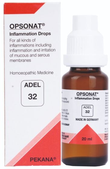 ADEL 32 - Inflammation DropsAs a rule, acute or chronic illnesses  develop from toxins produced  by either clinically-manifested or latent  infections,  including  undiagnosed sinus  and dental  conditions  that cause  no obvious symptoms. These infections  must be eliminated  to restore the body’s mucosa to proper  working order.   Moreover,   treatment   of   these   infection   prevents   organs   from   being   continuously overwhelmed by toxins and helps restore proper functioning  ADEL 32 (OPSONAT) drops promote healing of focal infections in various organs and stimulate, regulate and clean the blood. This medication also enhances the immune system’s ability to eliminate pathogens, including those found in therapy-resistant mycotic infections. Once the terrain is cleared of toxic wastes, ADEL 32 drops stimulate the body’s own systemic regulation, making true healing possible.  In addition, ADEL 32 drops help detoxify the joints and are indicated  for reoccurring chronic ulcerations.  Most therapies with this medication  should also include ADEL 3 (apo-HEPAT) drops and ADEL 66 (TOXEX) drops.    Key Ingredients: Acidum nitricum is effective in treating all infections of the mucous membranes with accompanying bleeding, as well as general weakness, swollen lymph nodes and an impaired nervous system. It also promotes proper regulation of all organs in the body.  Acidum sulfuricum treats mucosal infections accompanied by bleeding throughout the entire body. It also resolves stomach catarrh and related conditions such as acid anomalies, gastric ulcers, a swollen liver, intestinal ulcers and hemorrhoids. Exhaustion, weakness, trembling, migraines, painful rheumatism and skin diseases all indicate that the body is not capable of excreting correctly and requires homeopathic support.  Bellis perennis is another herb that effectively treats conditions of the mucous membranes. It is also excellent for healing wounds, injuries, strains, dislocations, hematoma and tumors developed due to injuries. In addition, it helps heal capillary weakness, furuncles, carbuncles and joint rheum atism.  Glechoma hederacea stimulates the entire metabolism and improves the functioning of excretion pathways. When the body is unable to excrete properly over a long period of time, the organs slowly lose their ability to function properly, leading to cellular damage, liver and spleen disease, faulty blood cell formation and digestive weakness. Glechoma hederacea is an excellent natural medication that prevents these conditions, and is also indicated for burning or bleeding hemorrhoids.  Gratiola officinalis handles portal vein and pelvic area problems combined with constipation. This herb also helps heal stomach and intestinal catarrh, gastritis, gastroenteritis and disruptions in liver function with cramps and colic.  Hydrastis canadensis has proven highly reliable for treating chronic catarrh and works deeply to resolve mucosal infections. It also treats pre-cancerous conditions and the accompanying weight loss and lack of energy.  Lachesis mutus is an excellent all-around medication for treating a wide variety of illnesses including septic blood conditions, hypertonia, thrombophlebitis, embolisms, organic heart disorders, endocarditis, myocarditis, systemic intoxification and viral infections. It also helps heal acute joint rheumatism, hepatitis infection and endocrinal disruptions related to the thyroid gland  Sempervivum tectorum is effective against erysipelatous affections, herpes zoster, cancerous tumors, warts an d corns