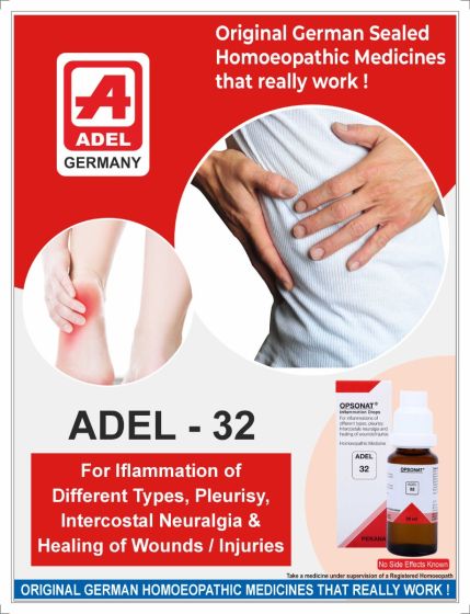 ADEL 32 - Inflammation DropsAs a rule, acute or chronic illnesses  develop from toxins produced  by either clinically-manifested or latent  infections,  including  undiagnosed sinus  and dental  conditions  that cause  no obvious symptoms. These infections  must be eliminated  to restore the body’s mucosa to proper  working order.   Moreover,   treatment   of   these   infection   prevents   organs   from   being   continuously overwhelmed by toxins and helps restore proper functioning  ADEL 32 (OPSONAT) drops promote healing of focal infections in various organs and stimulate, regulate and clean the blood. This medication also enhances the immune system’s ability to eliminate pathogens, including those found in therapy-resistant mycotic infections. Once the terrain is cleared of toxic wastes, ADEL 32 drops stimulate the body’s own systemic regulation, making true healing possible.  In addition, ADEL 32 drops help detoxify the joints and are indicated  for reoccurring chronic ulcerations.  Most therapies with this medication  should also include ADEL 3 (apo-HEPAT) drops and ADEL 66 (TOXEX) drops.    Key Ingredients: Acidum nitricum is effective in treating all infections of the mucous membranes with accompanying bleeding, as well as general weakness, swollen lymph nodes and an impaired nervous system. It also promotes proper regulation of all organs in the body.  Acidum sulfuricum treats mucosal infections accompanied by bleeding throughout the entire body. It also resolves stomach catarrh and related conditions such as acid anomalies, gastric ulcers, a swollen liver, intestinal ulcers and hemorrhoids. Exhaustion, weakness, trembling, migraines, painful rheumatism and skin diseases all indicate that the body is not capable of excreting correctly and requires homeopathic support.  Bellis perennis is another herb that effectively treats conditions of the mucous membranes. It is also excellent for healing wounds, injuries, strains, dislocations, hematoma and tumors developed due to injuries. In addition, it helps heal capillary weakness, furuncles, carbuncles and joint rheum atism.  Glechoma hederacea stimulates the entire metabolism and improves the functioning of excretion pathways. When the body is unable to excrete properly over a long period of time, the organs slowly lose their ability to function properly, leading to cellular damage, liver and spleen disease, faulty blood cell formation and digestive weakness. Glechoma hederacea is an excellent natural medication that prevents these conditions, and is also indicated for burning or bleeding hemorrhoids.  Gratiola officinalis handles portal vein and pelvic area problems combined with constipation. This herb also helps heal stomach and intestinal catarrh, gastritis, gastroenteritis and disruptions in liver function with cramps and colic.  Hydrastis canadensis has proven highly reliable for treating chronic catarrh and works deeply to resolve mucosal infections. It also treats pre-cancerous conditions and the accompanying weight loss and lack of energy.  Lachesis mutus is an excellent all-around medication for treating a wide variety of illnesses including septic blood conditions, hypertonia, thrombophlebitis, embolisms, organic heart disorders, endocarditis, myocarditis, systemic intoxification and viral infections. It also helps heal acute joint rheumatism, hepatitis infection and endocrinal disruptions related to the thyroid gland  Sempervivum tectorum is effective against erysipelatous affections, herpes zoster, cancerous tumors, warts an d corns